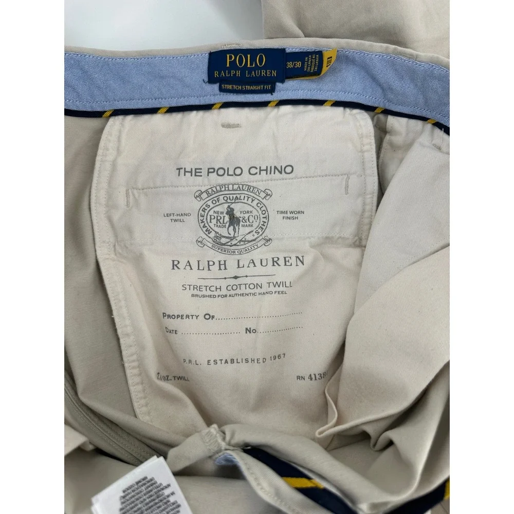 Polo Ralph Lauren Mens 38x30 Khaki Tan Stretch Straight Fit Chino Pants Cotton